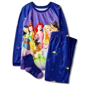 Disney Princess Girl's Brushed Flannel Blue Pajama with Socks Set